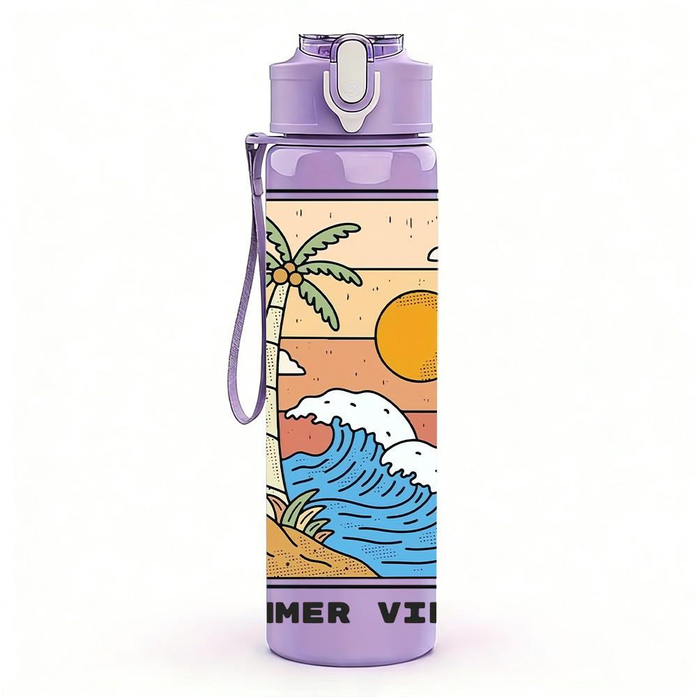 1PC Summer Sunset Beach Wave Vintage Poster 750ml Color Plastic Sports Water Bottle Leakproof Flip Straw Lid Suitable for Sports Office Home Use