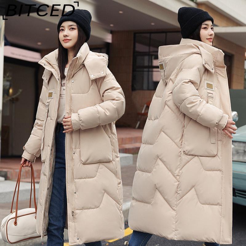 BITCED Winter Detachable Hood Cotton Coat for Women Mid-Length Thickened Cotton Coat Over-the-Knee Length Women's Cotton Jacket Outerwear