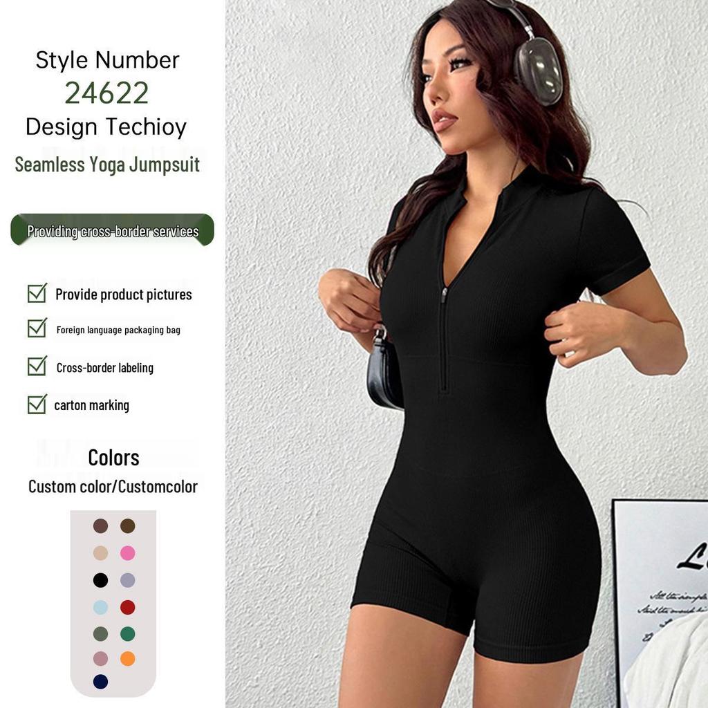 European-American Summer Zipper Yoga Jumpsuit: Women's Short Sleeve Fitness Sportswear