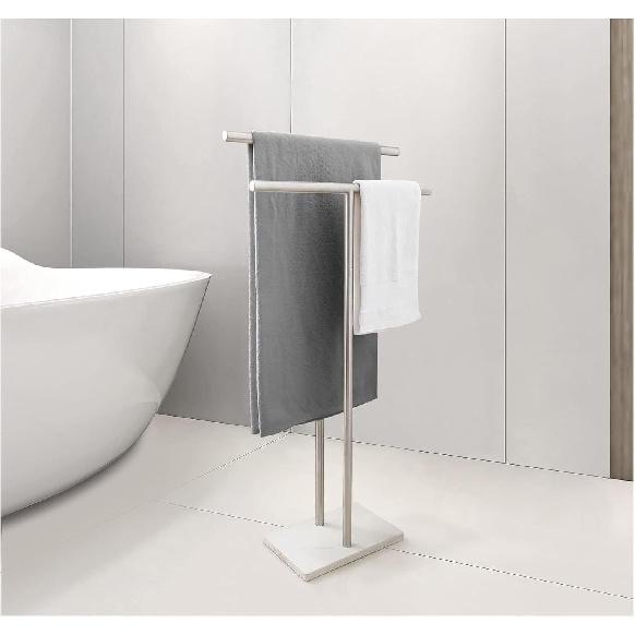 Gold,WEIDPHL Tall Standing Towel Rack, Double-T Shape Tall Bath Towel Sheet Holder with Marble Design Base, 2-Tier Towel Stand for Bathroom Floor,