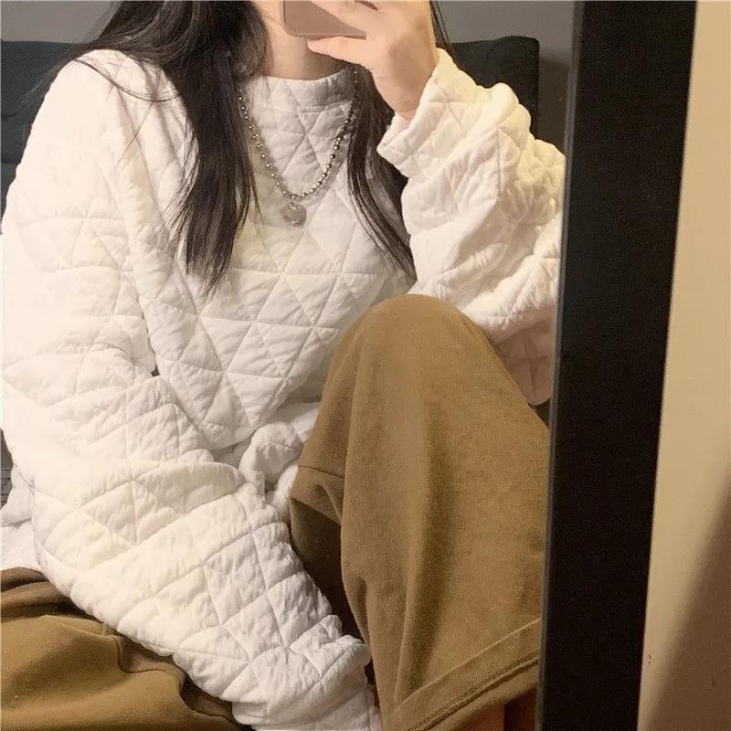 

Женский стеганый хлопковый свитшот в корейском стиле - Утепленный, свободного кроя, осенне-зимняя однотонная куртка-топ с пузырчатой воздушной текстурой S (60-80 jin)