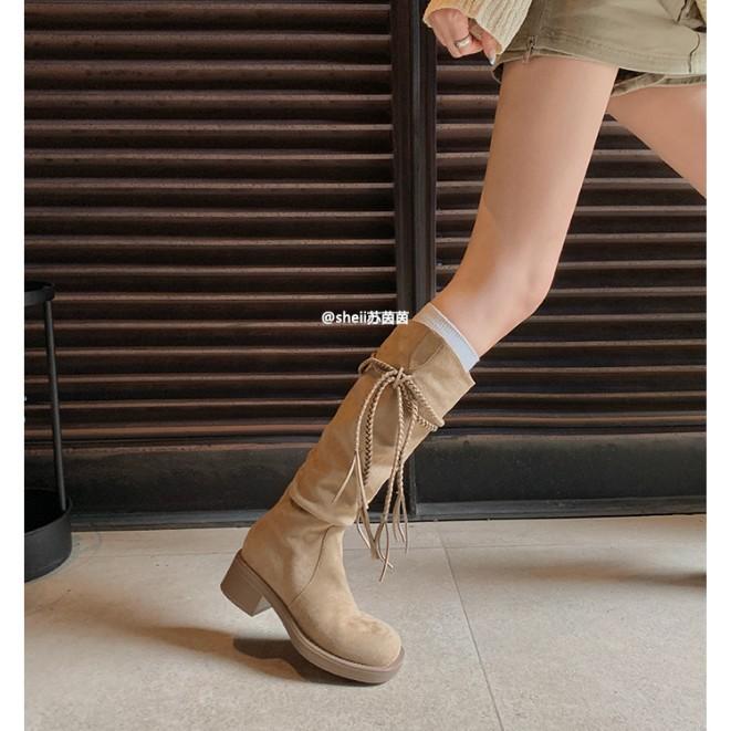 Su Yinyin gleiche ägyptische Stiefel~ runde Spitze mit Fransen dicker Absatz mittelhohe Stiefel Western-Cowboystiefel dicksohlige Stacking-Stiefel