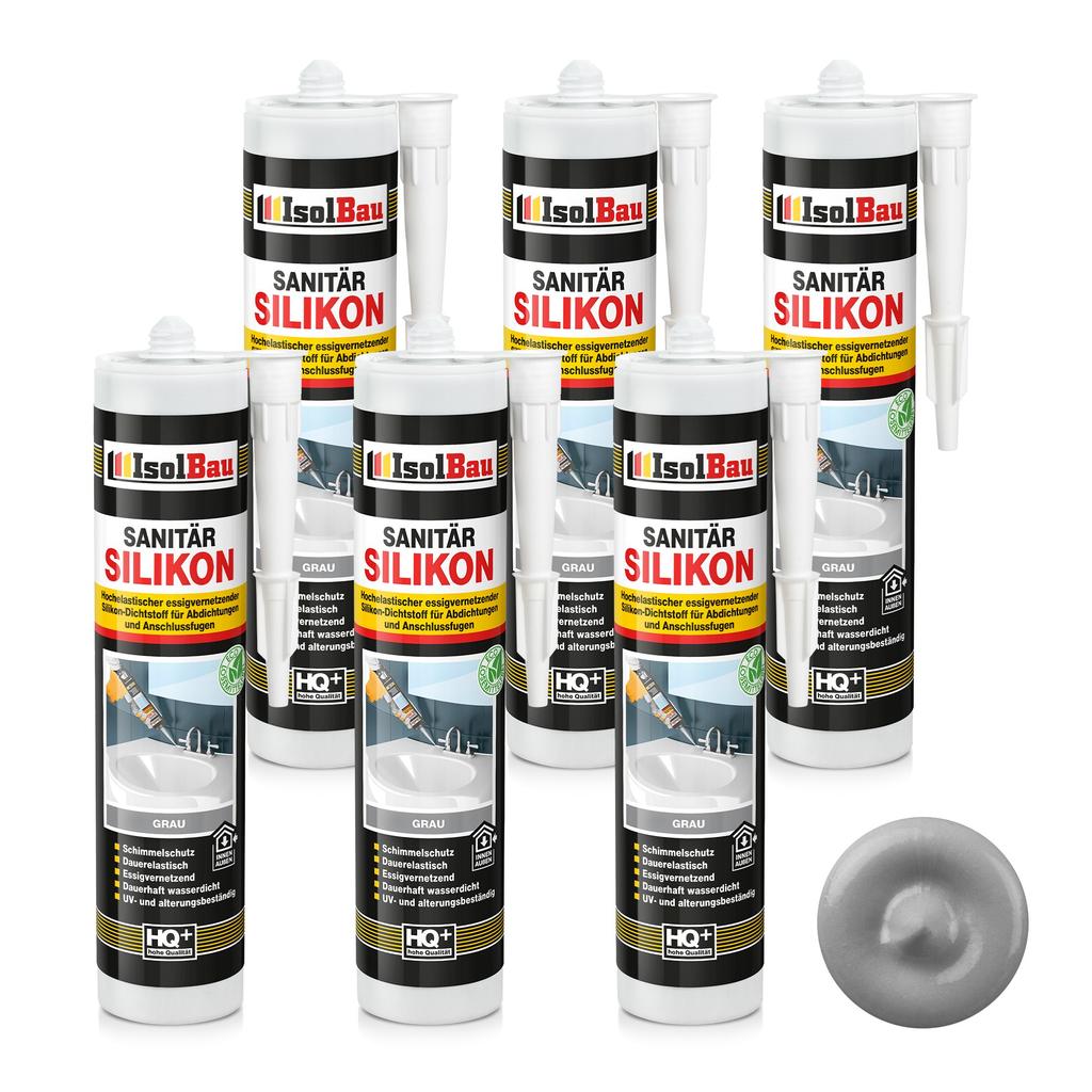 IsolBau Sanitary Silicone Gray Sanitär Silikon 6 x 300ml