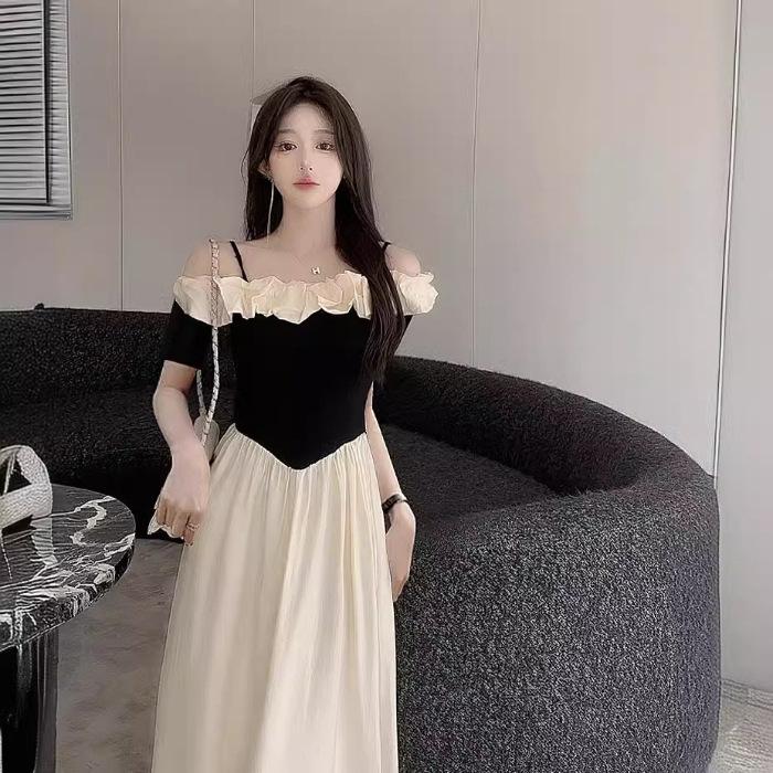 

One-word neck splicing contrasting color suspender dress women s autumn new French high-end slim-fitting waist temperament long dress 2XL