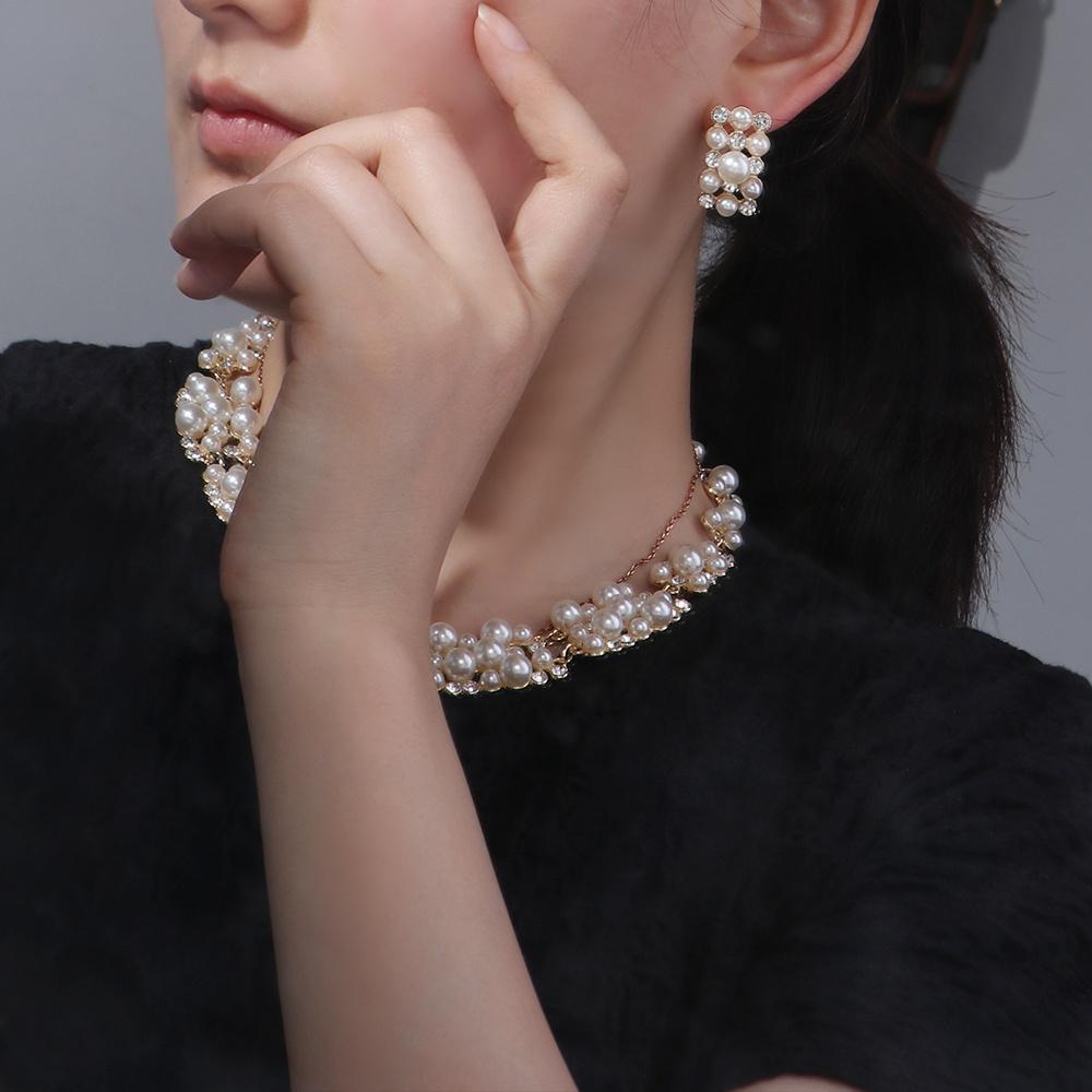 Vintage Pearl Necklace Multi-layer Pearl Dangle Earrings Elegant Wedding Jewelry Set  Women