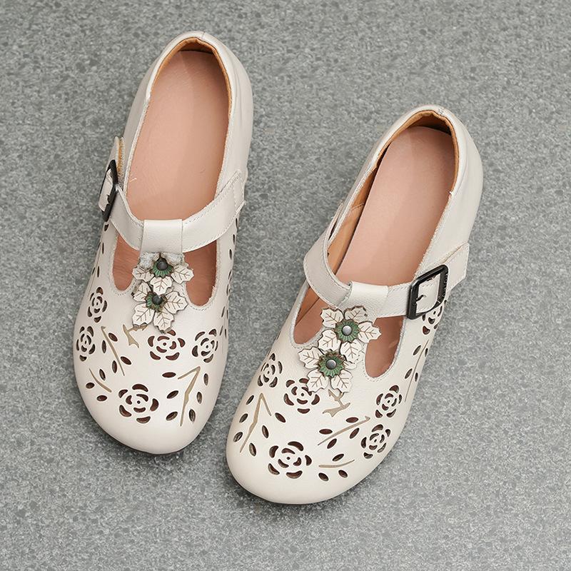 

Сандалии женские новая женская обувь лето первый слой коровьей кожи толстый каблук дышащие маленькие кожаные туфли ретро туфли с отверстиями на одной педали 35 белый