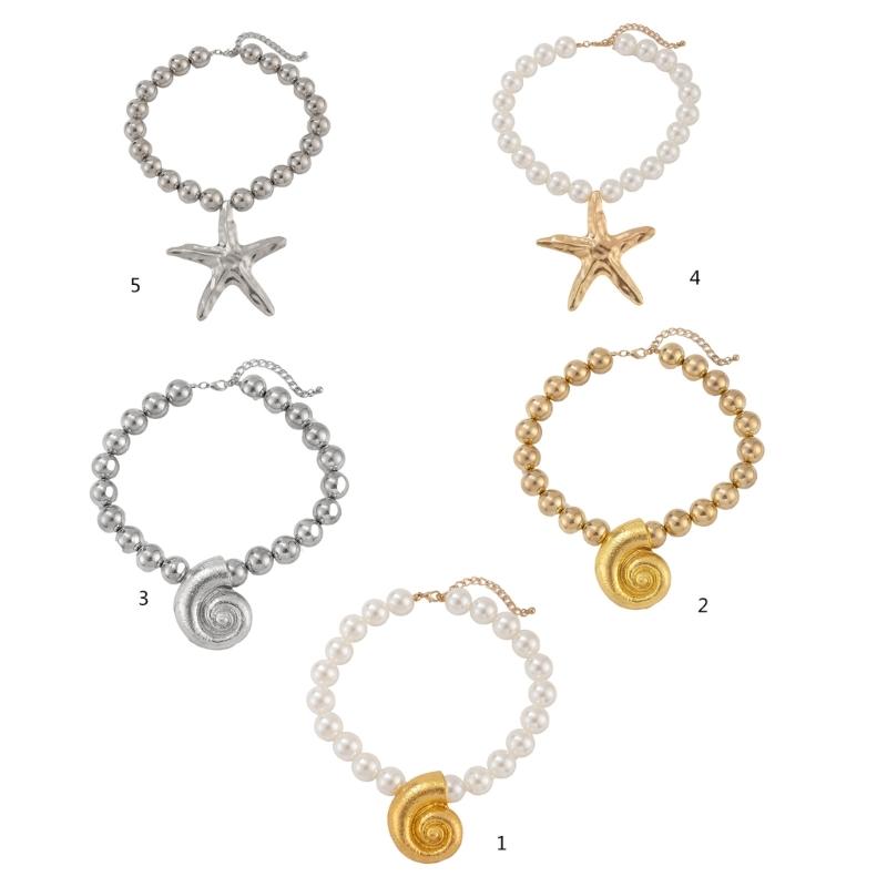 Imitation Pearls Necklace for Women Adjustable Length Clavicle Chain Starfish/Conch Neckchain Jewelry Party Accessory