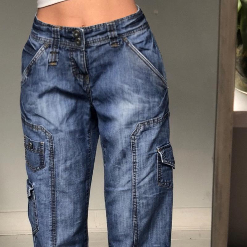 Tasche Jeans larghi impunturate Moda Streetwear Pantaloni in denim da donna Pantaloni cargo larghi Jeans coreani Pantaloni dritti Harajuku