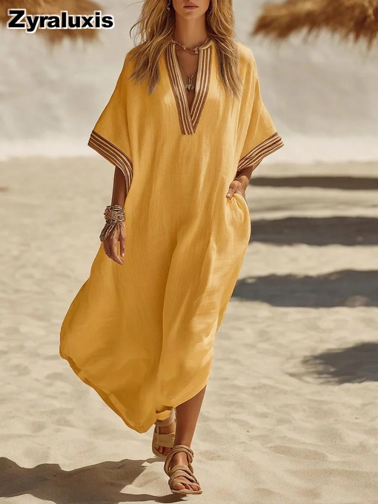 Lockeres V-Ausschnitt Damen Bohemian Maxikleid Sommer Strandurlaub Feiertag Sommerkleid