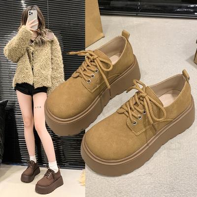 Women's Retro Lace-up Thick-soled Loafers Spring Frosted Leather Breathable Casual Single Shoes for Summer Wear
