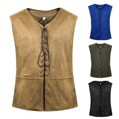 Men Vintage Vest Medieval V Neck Sleeveless Lace Up Cardigan Solid Color Thin Steampunk Renaissance Gothic Style Waistcoat