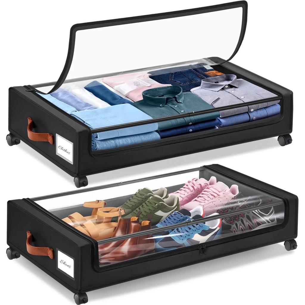 Under Bed Storage with Wheels, 2Pack Under Bed Storage Containers, Under Bed Shoe Storage and Bins (Black)