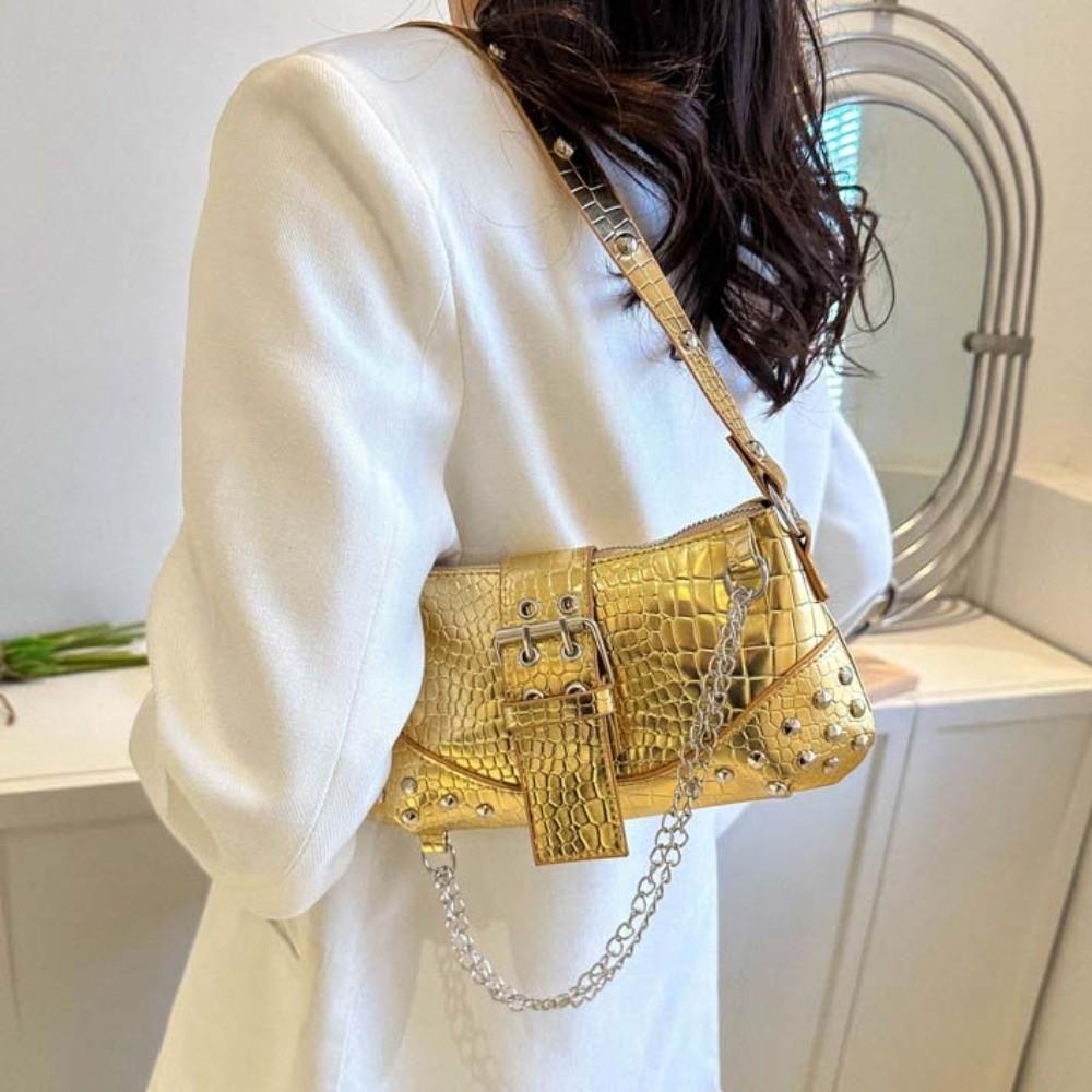 Y2K Crocodile Underarm Bag Korean Style Texture Shoulder Bag Shopping PU Rivet Chain Handbag  Girls