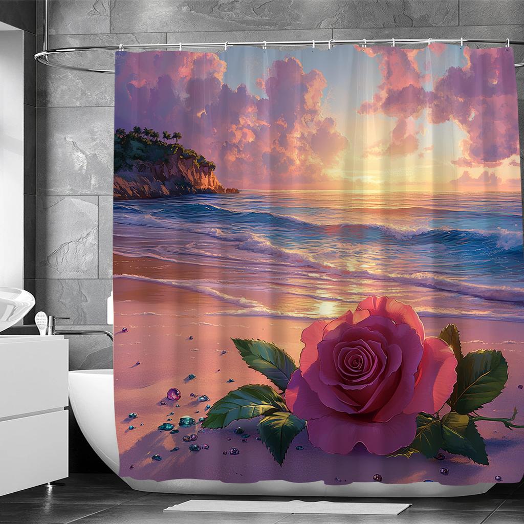 1 x Romantic Seaside Rose Shower Curtain - Waterproof Polyester, Stain Resistant, Perfect for All Season Bathroom Decor