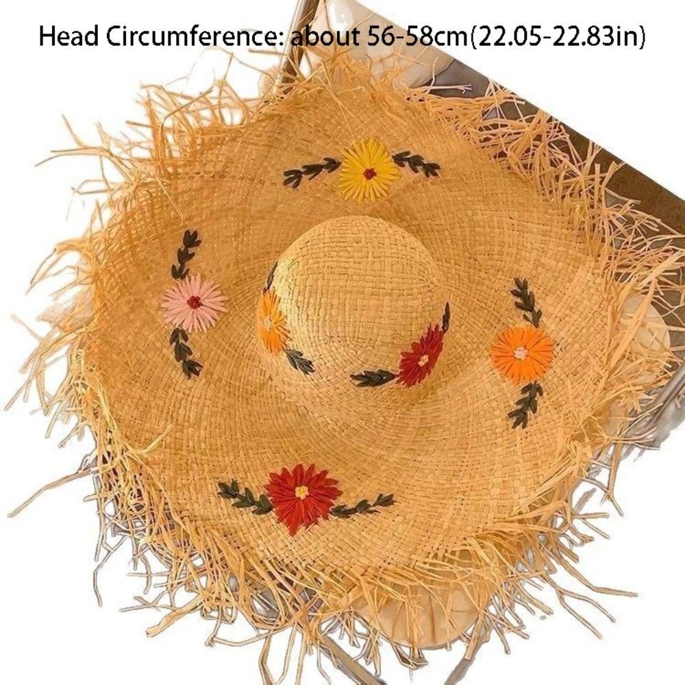 Casual Boho Lafite Grass Hat Wide Brim Foldable Weave Hat Breathable Korean Style Embroidered Flower Straw Hat Outdoor