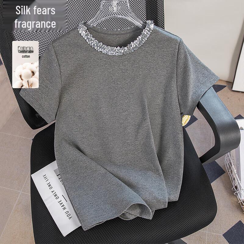 

Жіноча футболка Sibaishe з паєтками, коротким рукавом та круглим вирізом L