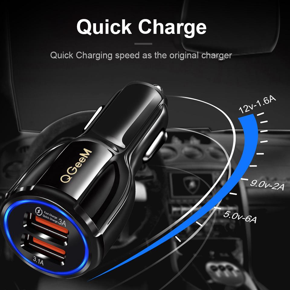 QGeeM Çift USB QC 3.0 Araç Şarj Cihazı Hızlı Şarj 3.0 Telefon Şarj Araba Hızlı Şarj Cihazı 2 Port USB Taşınabilir iPhone Şarj Cihazı Xiaomi