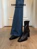 Leather high heels short boots women's autumn and winter square head Martin boots black velvet thick heel thin boots