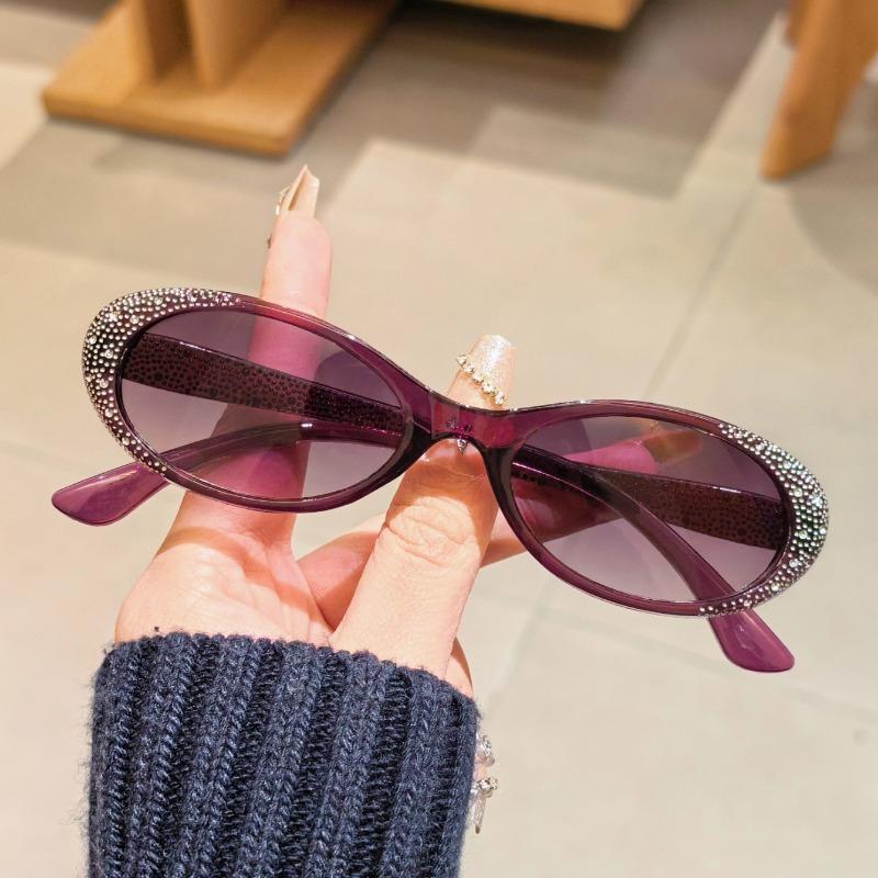New Oval Small Frame Sunglasses Women Fashion Sun Shading Travel Purple Trendy Diamond Studded Sun Glasses