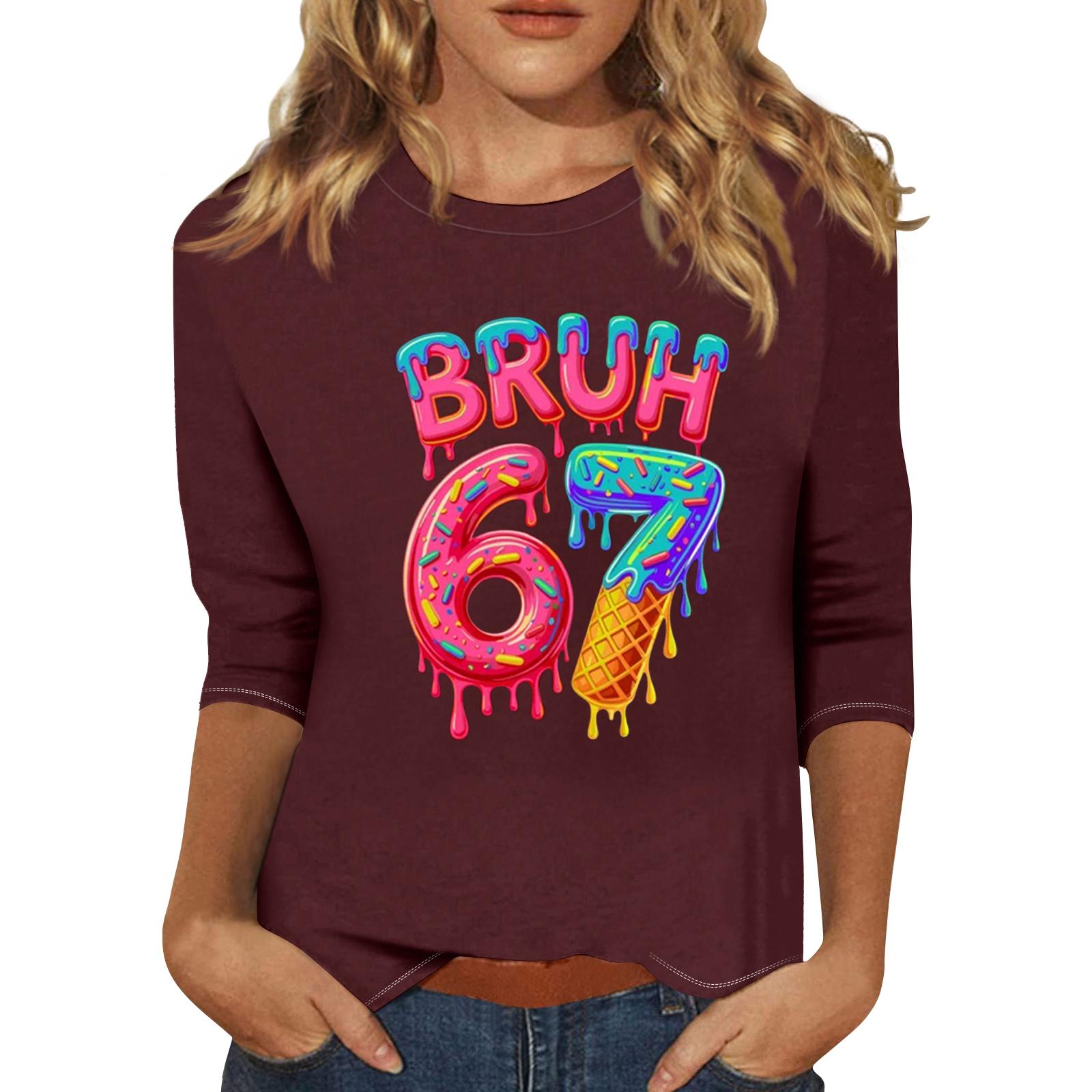 

Women s Fashionable Casual Three-Quarter Sleeve Printed Neck T-Shirt Top L винный