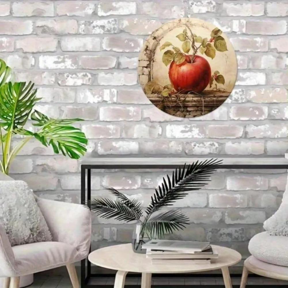 Tin Plate Art 2D Retro Hippie Round Wreath with Red Apples Green Leaf Wall Decor