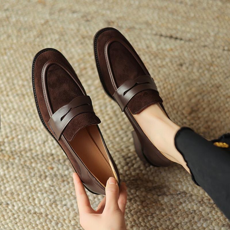 Fashion NEW Spring/Autumn Women Loafers Round Toe Chunky Heel Shoes Sheep Suede Leather Shoes for Women Slip-on Plus Size Women Pumps
