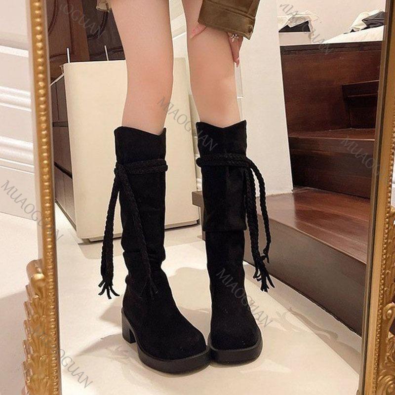 Fashion 2025 Autumn New Tassel Knight Boots Women Black Brown Thick Heeled Solid Mid-calf Boots Stacked Suede Slip on Botas Feminino