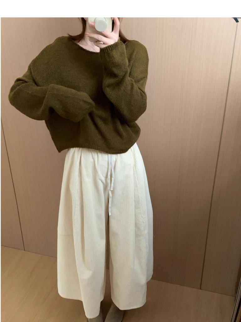 Autumn Winter Korean Style Fleece-Lined Warm Loose Fit Slimming Casual Pants for Women Wide Leg Corduroy