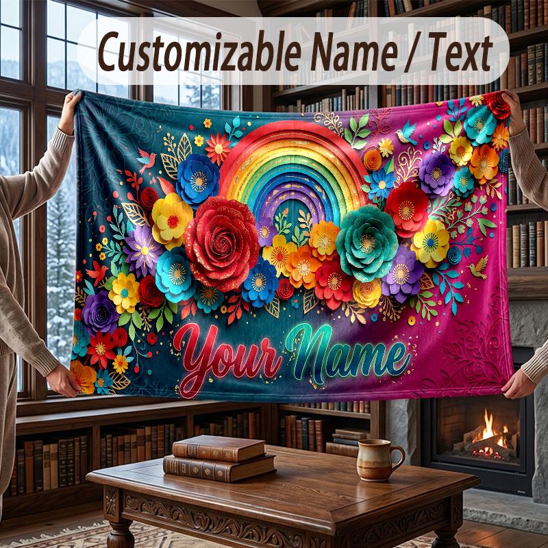 Floral Garden Theme Throw Blanket Custom Name Text Personalized Blanket Soft Cozy Blanket for Home Sofa Bed