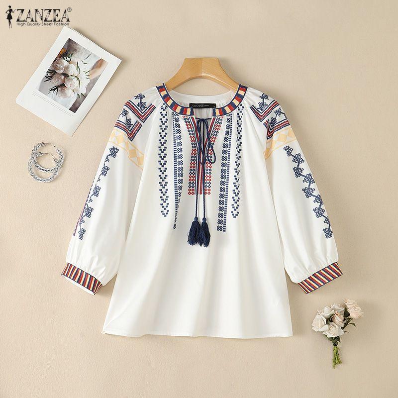 ZANZEA Women Boho Print Summer Casual Round Neck 3/4 Sleeve Blouse