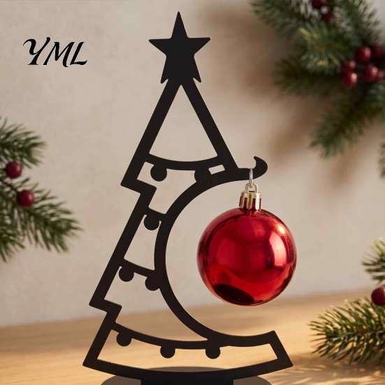 Small Holiday Decor for Office Christmas Tree Table Decoration, Metal Line Art Sculpture with Hollow Ornaments Red Ball Ornament Xmas Party