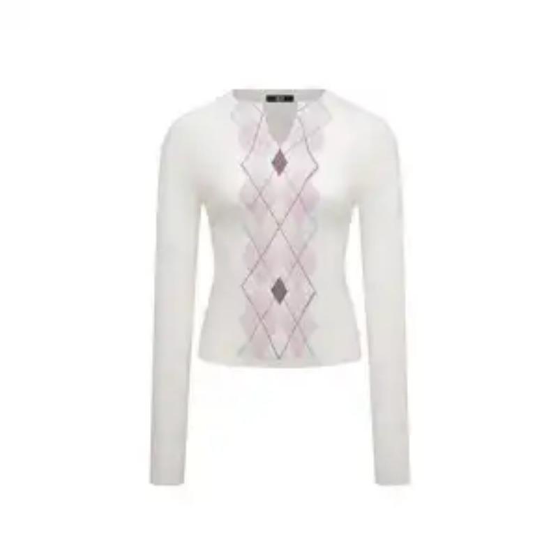 Pulôver de Manga Comprida Cor Contrastante Moda Casual Xadrez Diamante Retrô Top Suéter Decote V Pequeno