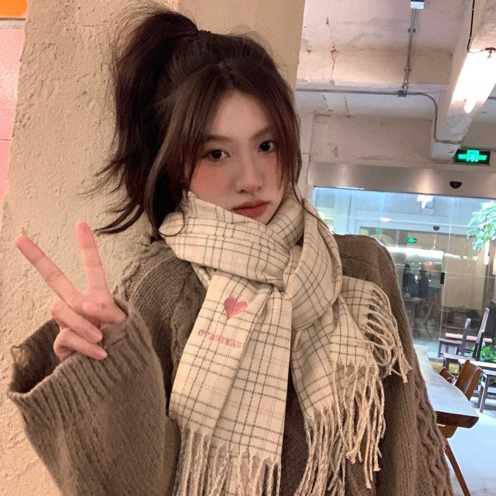 Sweet Plaid Retro Scarf Korean Style Student Versatile Warm Embroidered Love Cute Tassel Scarf Women's Winter Trend