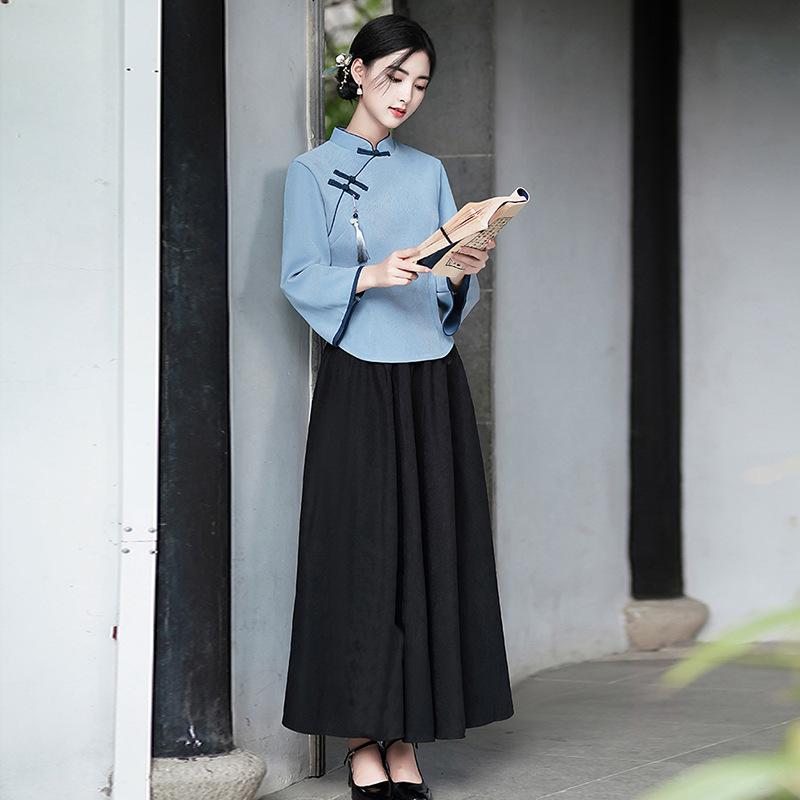 Women's Two-piece Outfit Three Quarter Sleeve Blouse High Waist Pantsuit Vintage Chinese Style Casual Set