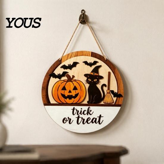 Handmade Wood Sign Halloween Layered Round Door Hanger, 3D Pumpkin Ghost Owl Welcome Sign, Front Porch Seasonal Plaque Farmhouse Wall Hanging