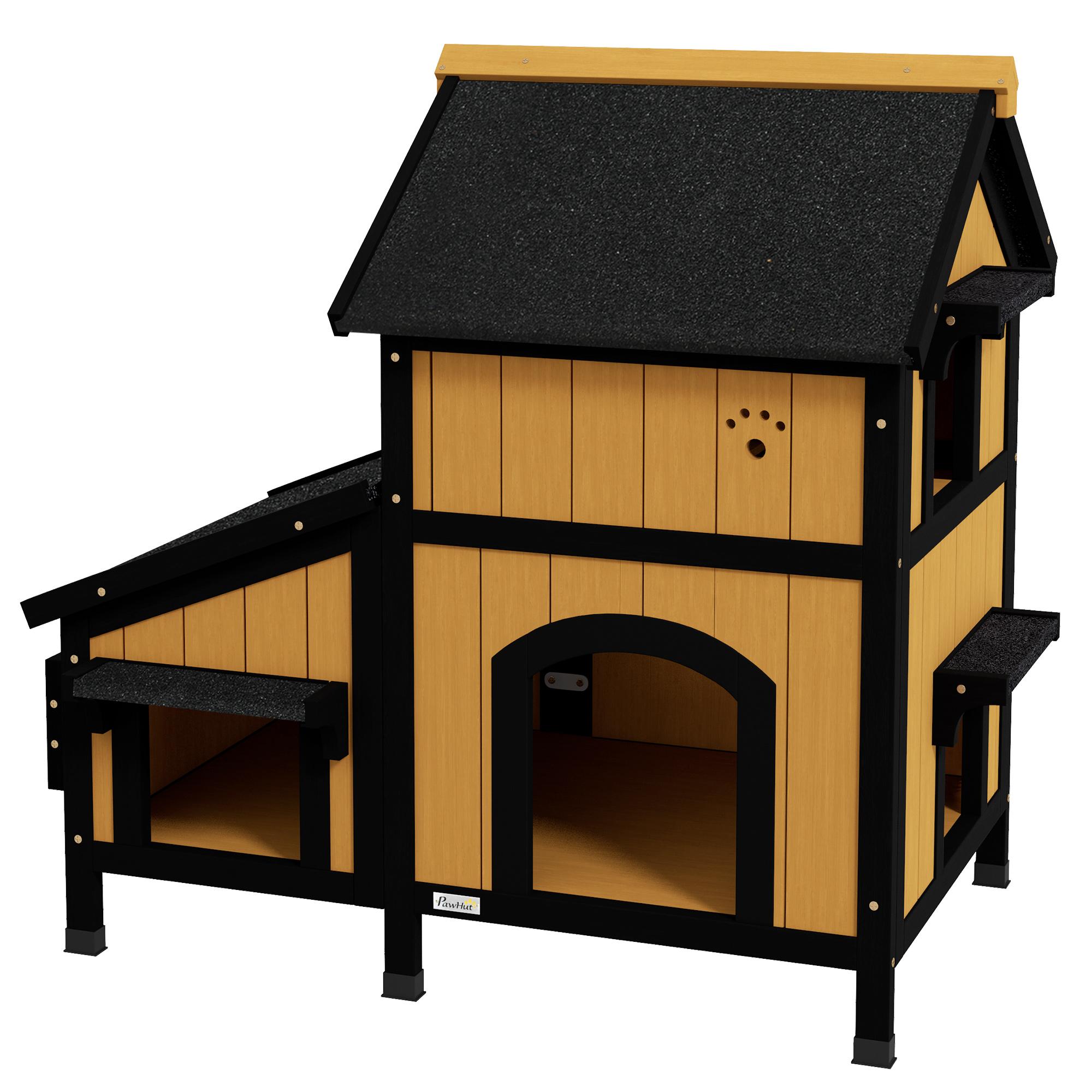 Maisonnette pour chat en bois avec fenêtres pot de fleurs plusieurs entrées toit résistant à l'eau pour extérieur Jaune