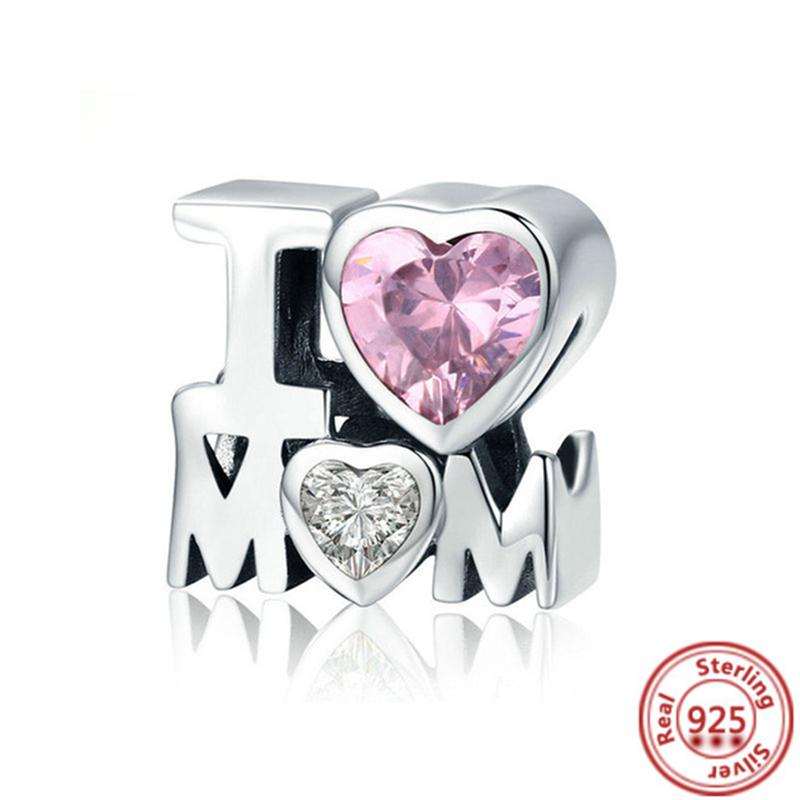 New 925 Silver I Love Mom Heart Flower Pendant Sweet Bead Fit Original  Charm Bracelet DIY Jewelry Mother's Day Gift