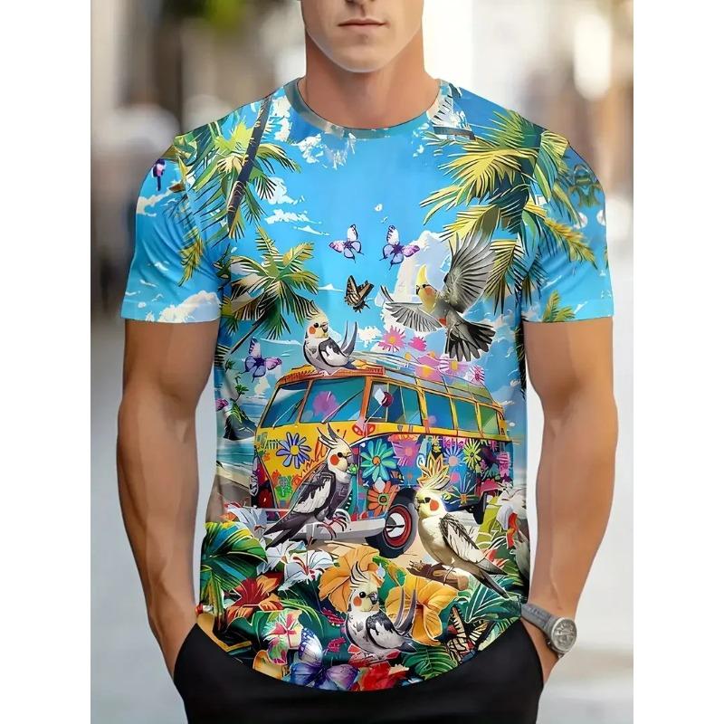 

Мужская футболка с коротким рукавом и круглым вырезом с тропическим пляжным принтом и ретро-автомобилями. Повседневная стильная гавайская футболка для мужчин. 6XL
