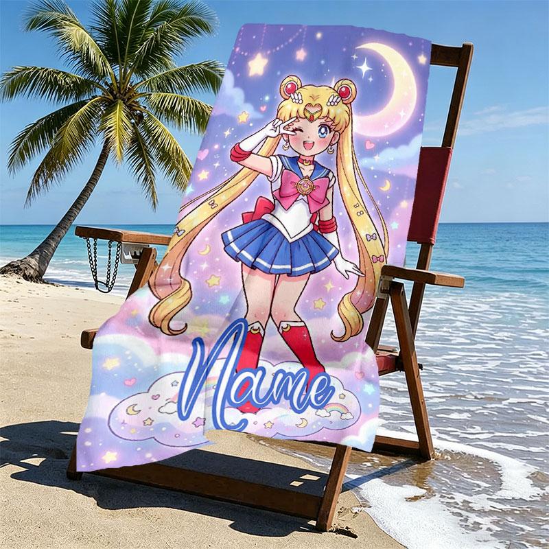 Custom Name Personalized Sailor Moon Print Beach Towel, for Trip Camping Beach Party Home Decor, Birthday Gift for Family & Friends