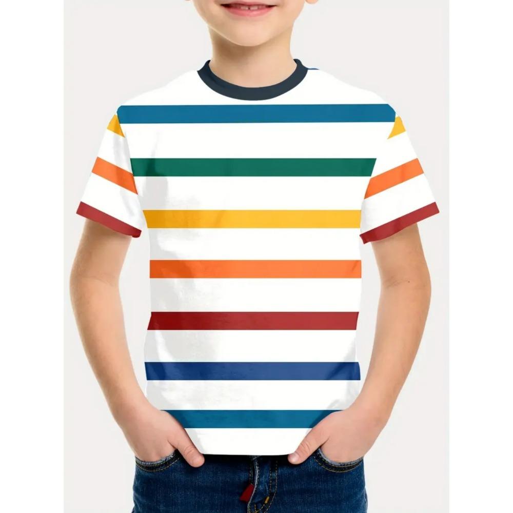 Children's clothing, solid color stripes, 3D printing, casual retro short sleeved T-shirt, summer round neck children's T-shirt