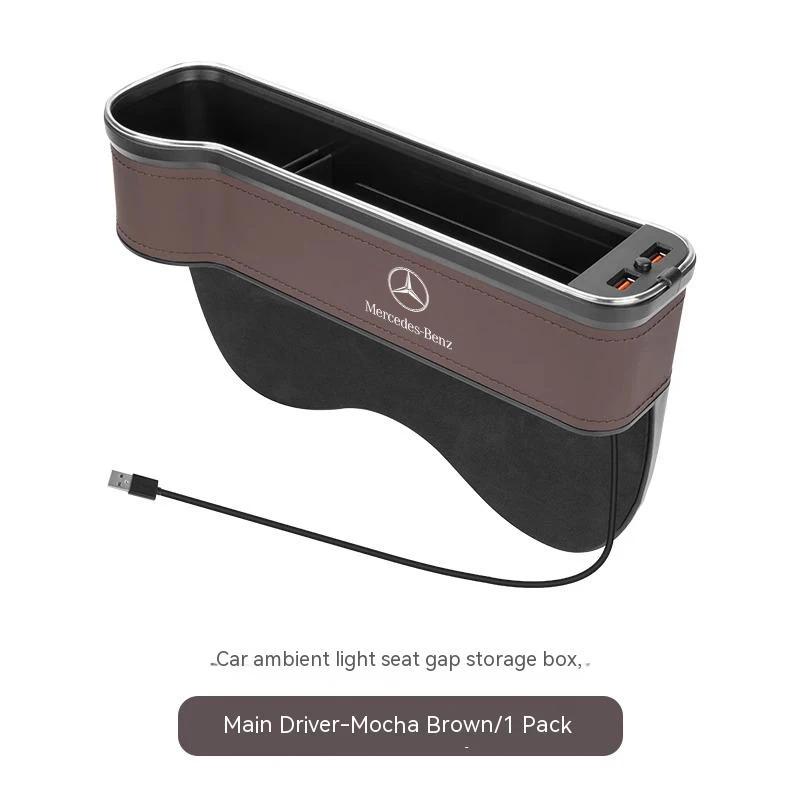 Neu Heiß 2026 Auto USB Lade Farbe Licht Sitz Aufbewahrungsbox Sitzspalt Box Für Mercedes-Benz A B C E V R-Klasse A45 C43 CLA GLA GL