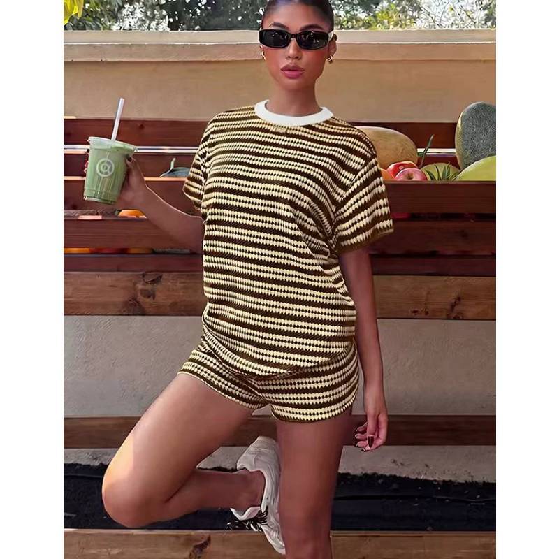 Summer Casual Striped Short Sleeve Tshirt And Shorts Lounge Set For Women