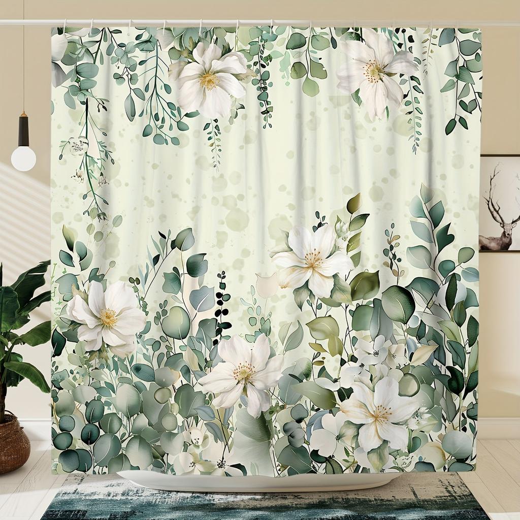 1pc Machine Washable Polyester Shower Curtain - Wildflower Botanical Design in Green & Beige, 71x71", 12 Hooks, Farmhouse Style