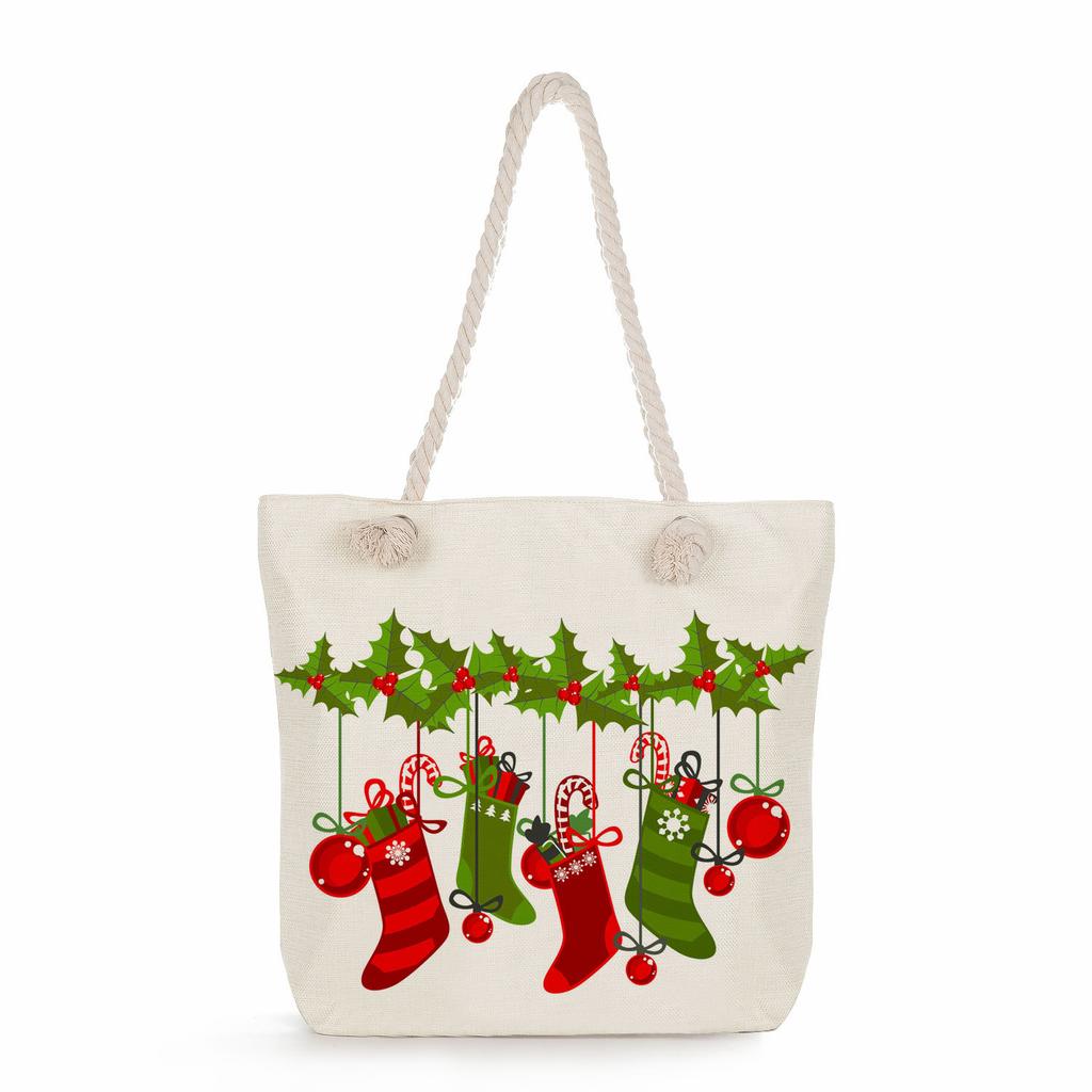 Multifunctional Christmas Printed Thick Rope Shoulder Beach Bag Casual large capacity handbag 7603