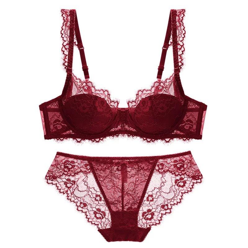 Sexy underwear women's French thin cotton lace large breasts small large size bra natal year red underwear