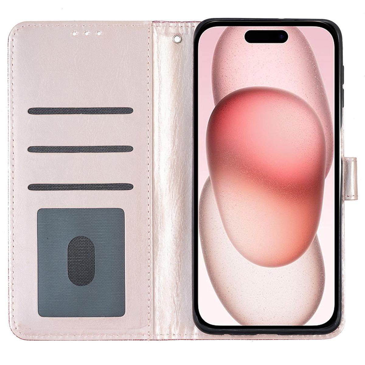 

For iPhone 16 Plus Case PU Leather Wallet Folding Stand Glitter Phone Cover Rose Gold