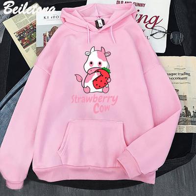 Худі з мультяшною коровою та полуницею Kawaii Одяг Естетичні Дівчата Sudadera Mujer Рожевий З Довгим Рукавом Вільний Светр