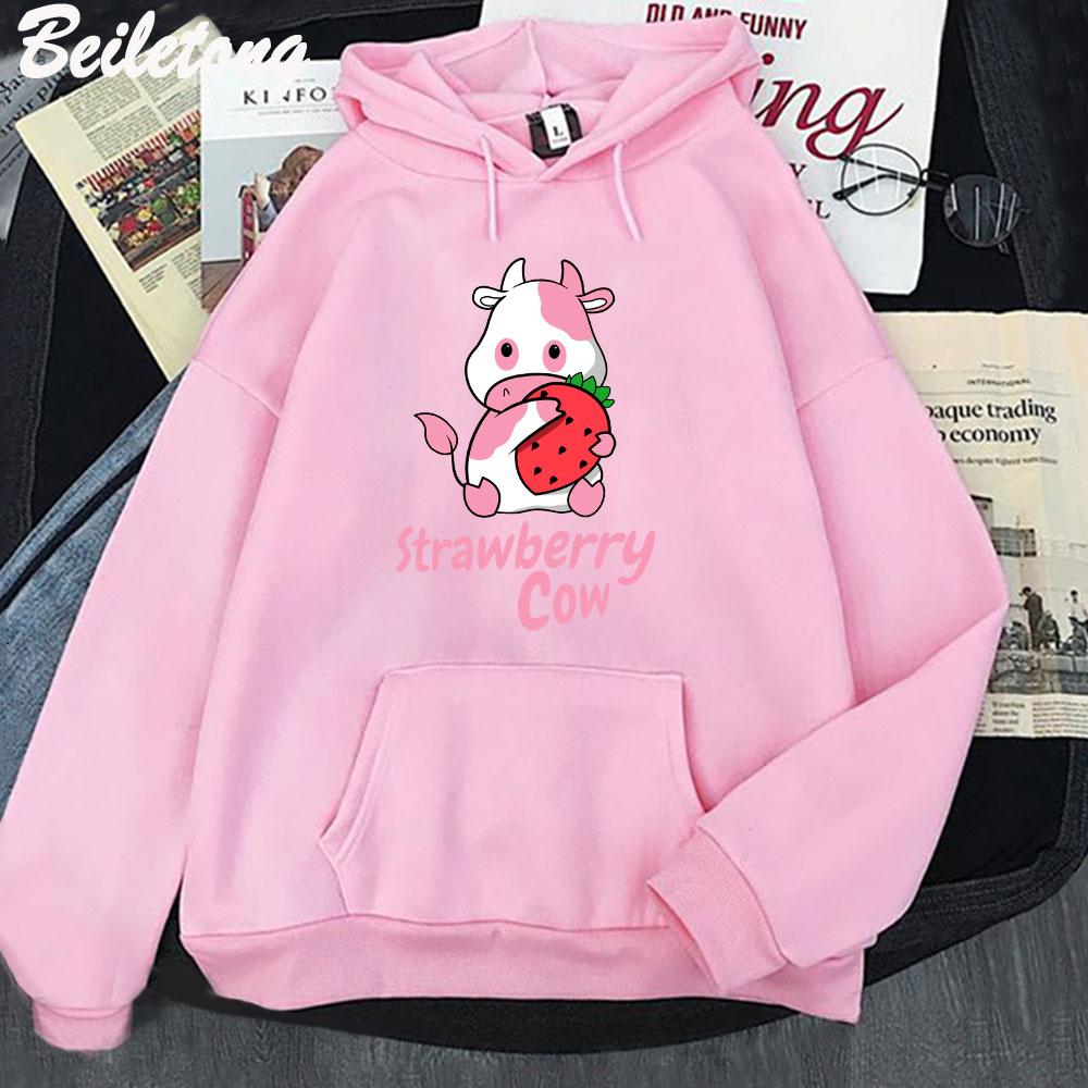 Strawberry Milk Cow Cartoon Hoodie Kawaii Clothing Aesthetic Girls Sudadera Mujer Pink Long Sleeve Loose Sweatshirt