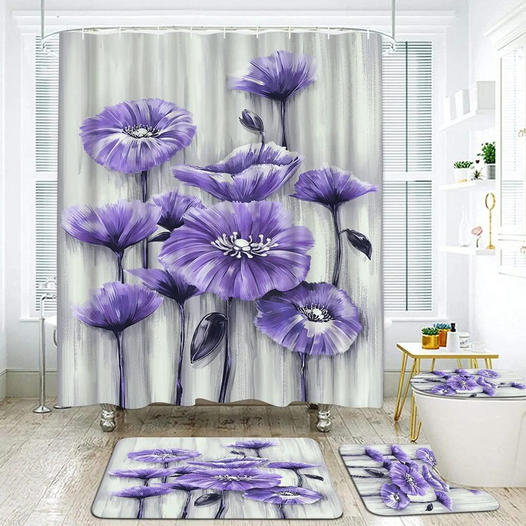 Elegant Blue Flower Shower Curtain Set Waterproof Bathtub Curtains Non-Slip Rugs Bath Mat Toilet Lid Cover Bathroom Set Decor
