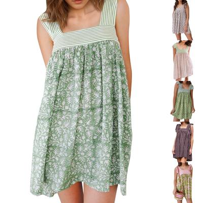 Women's Flower Tie Dress Cute Square Neck Loose Beach Short Dress Open Back Bohemian Summer Sundress